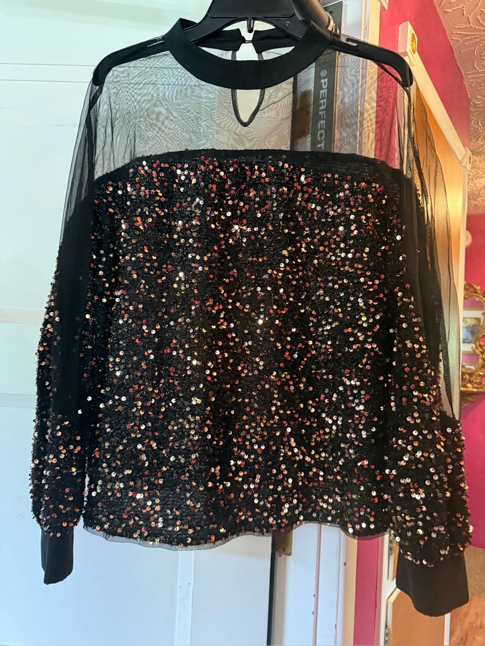 Black Sequin Mesh Long-Sleeve Women's Top. Never worn